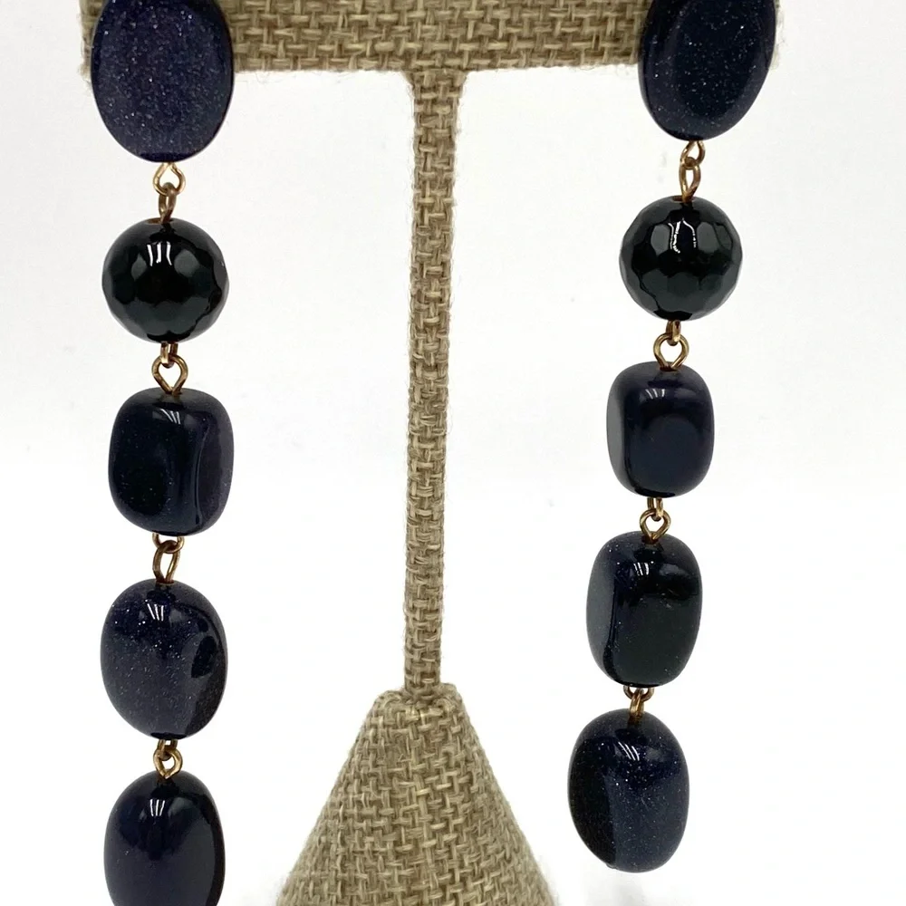 Earrings Artisan Stone ? Beaded Dark Navy Gold Specks Heavy 4”